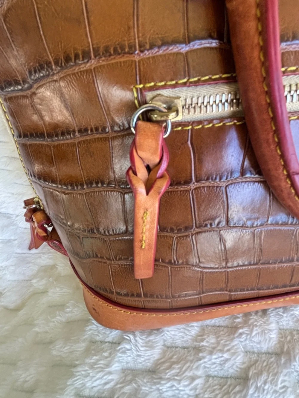 Dooney & Bourke Brown Croc Embossed Leather Dome Satchel Gold Hardware